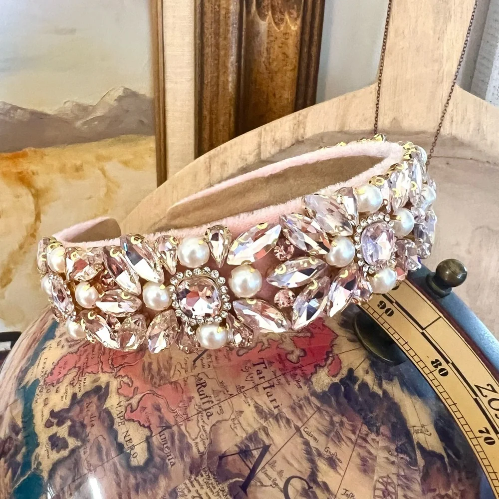New! The “Katelyn” Pink Velour Bling Rhinestone Beaded Statement Headband